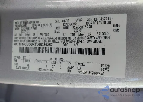 2013 Ford Escape Se z USA, uszkodzony, nr VIN 1FMCU0GX7DUD36257